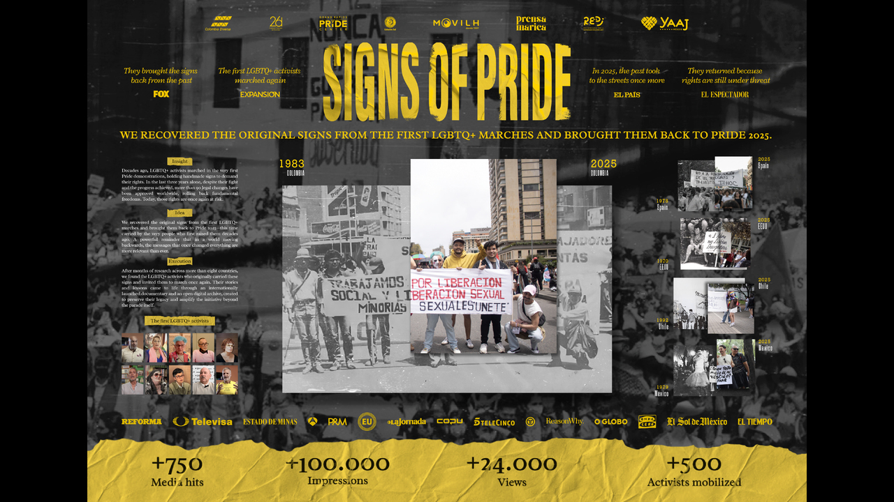 Signs of Pride - Non-Profit - Redi, Yaaj, Colombia Diversa, Colectivo Sol, Grand Rapids Pride Center, Movilh, Fundación Veintiséis de Diciembre y Prensa Marica